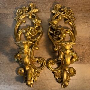 Vintage Pair Of HOMCO Gold Ornate Floral Wall Sconce Candle Holder Regency 4118